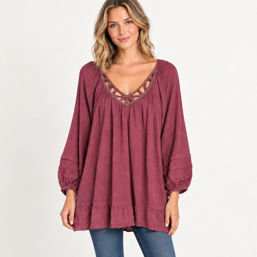 Soft Surroundings Boho Crinkle Gauze Tunic Top XL Berry Wine Lattice Ruffle Hem